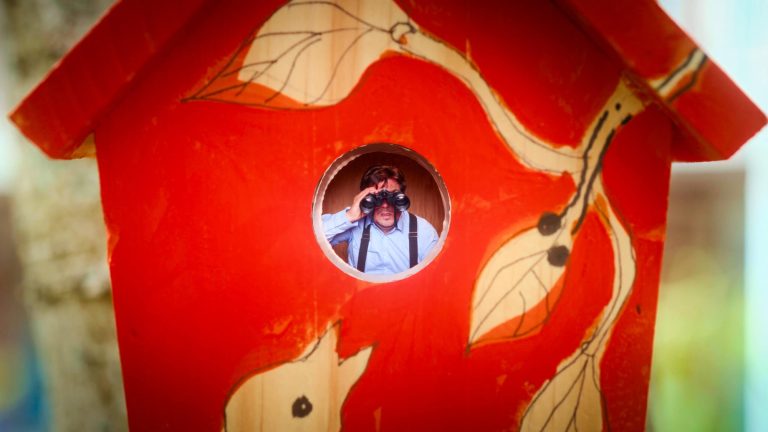 Kleurrijk vogelhuisje met een ronde opening en een persoon met een camera zichtbaar.